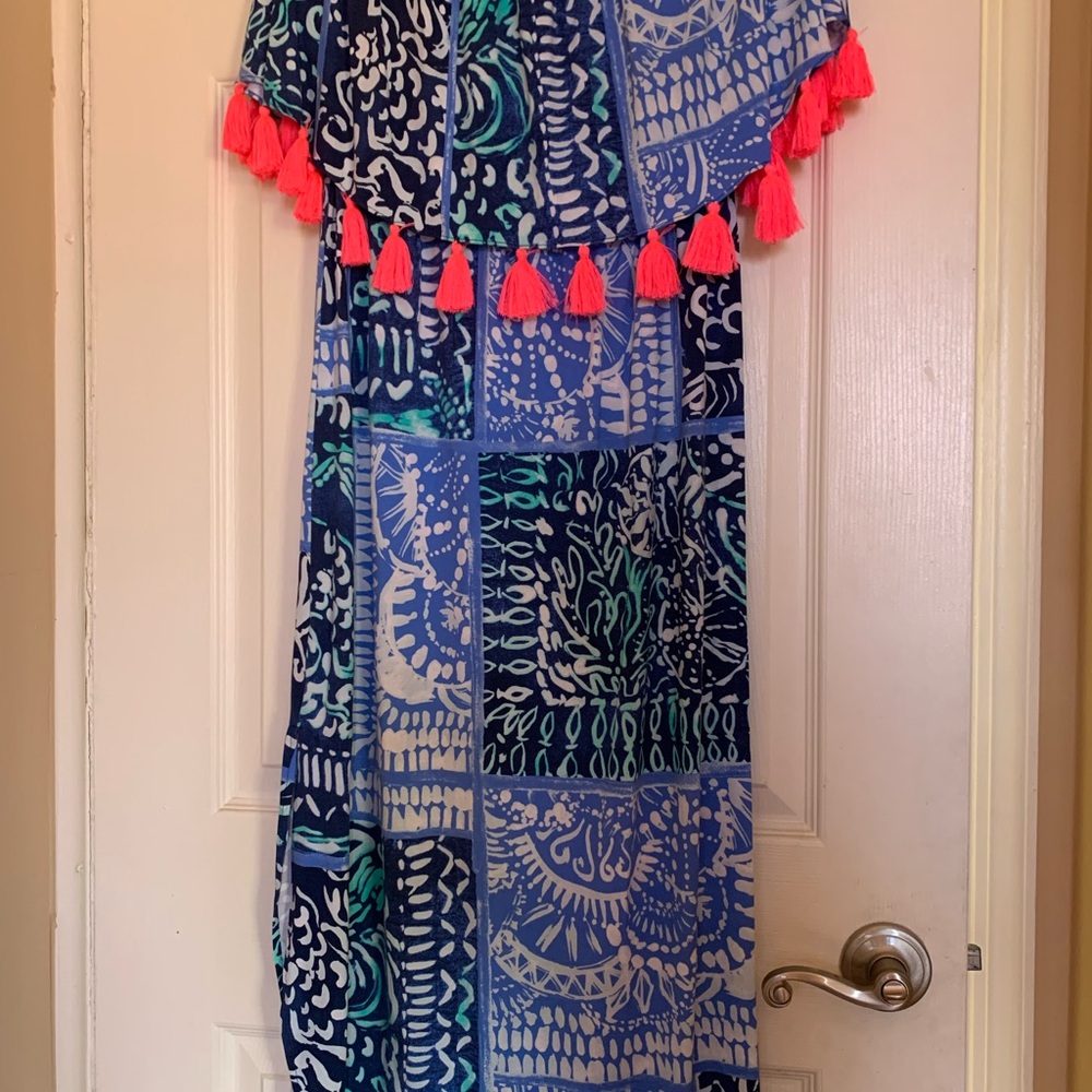 Lilly Pulitzer Strapless Maxi Dress With Pink Tassels